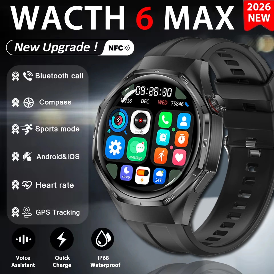 

New Watch GT6 Smart Watch Men HD AMOLED Screen GPS Track Heart Rate Bluetooth Call Sports Waterproof Always Show Time Smartwatch
