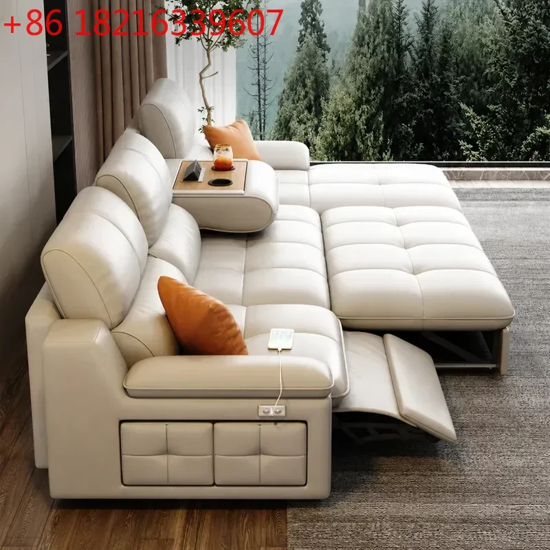 YAO Italian Style Smart Electric Leather Sofa with Adjustable Flip Coffee Table Multi Functional Sofa Bed for Living Room