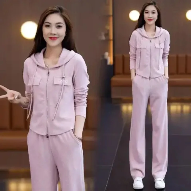 

Модный повседневный спортивный костюм: женское худи и брюки с широкими штанинами, антивозрастной комплект из полиэстера с длинными рукавами и застежкой-молнией