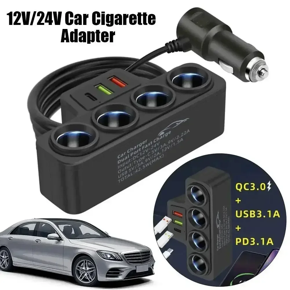 New car charger, one-to-four car cigarette lighter fast charging multi-function converter, with dual USB + PD universal