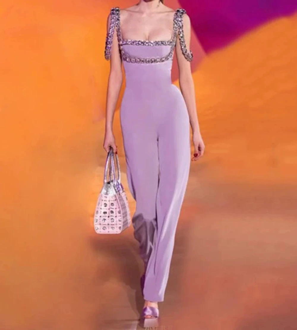 

New high-waisted jumpsuit, lavender fashion jumpsuit with large rhinestones and wide-leg pants-GZXX1127