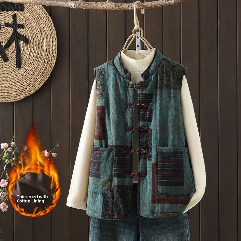 

Thiened хлопково-льняной жилет с китайским цветочным принтом на пуговицах, теплая верхняя одежда на осень и зиму для поездок на работу