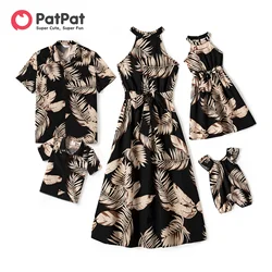 PatPat Family Matching Solid Leaf Sleeveless Halter Dresses And Short Sleeve Tops Sets Soft and Comfortable  Perfect for Outings