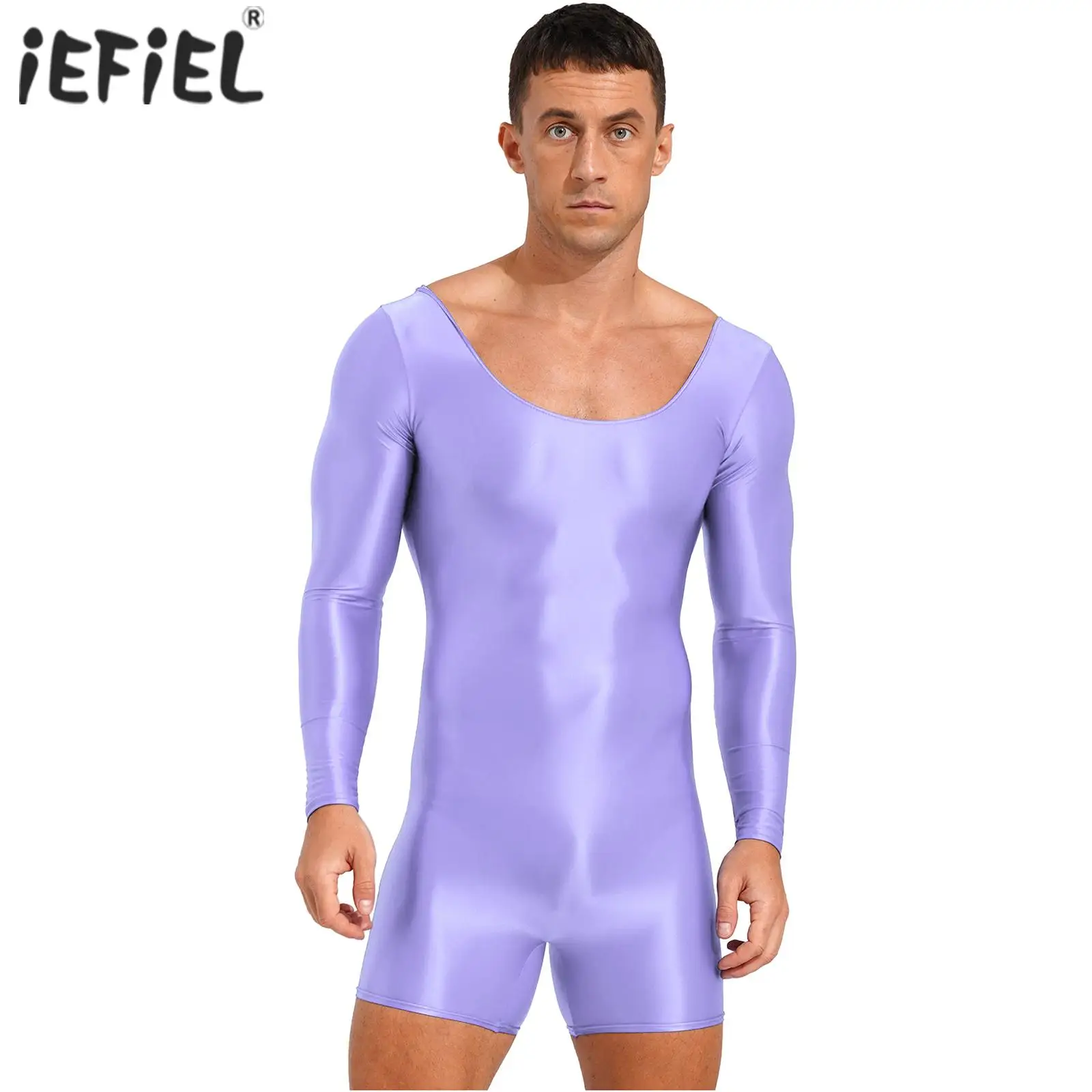 Mens Slim Fit Bodysuit Swimsuit Oilly Glossy Round Neckline Jumpsuit One Piece Mankini Swimwear Clubwear Costume Gym Fitness