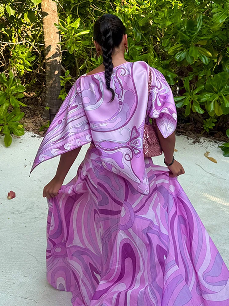 HH femmes mode d'été bohème imprimé jupe ensemble Vintage Position irrégulière haut + taille haute grande large jupe longue décontractée