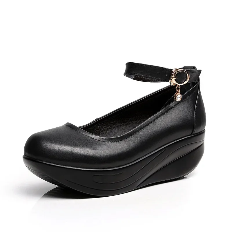 5.5cm Small Plus Size 33-43 Comfortable Leather Shoes Women Mary Janes 2024 Thick Bottom Platform Wedges Shoes Mom Office Dance