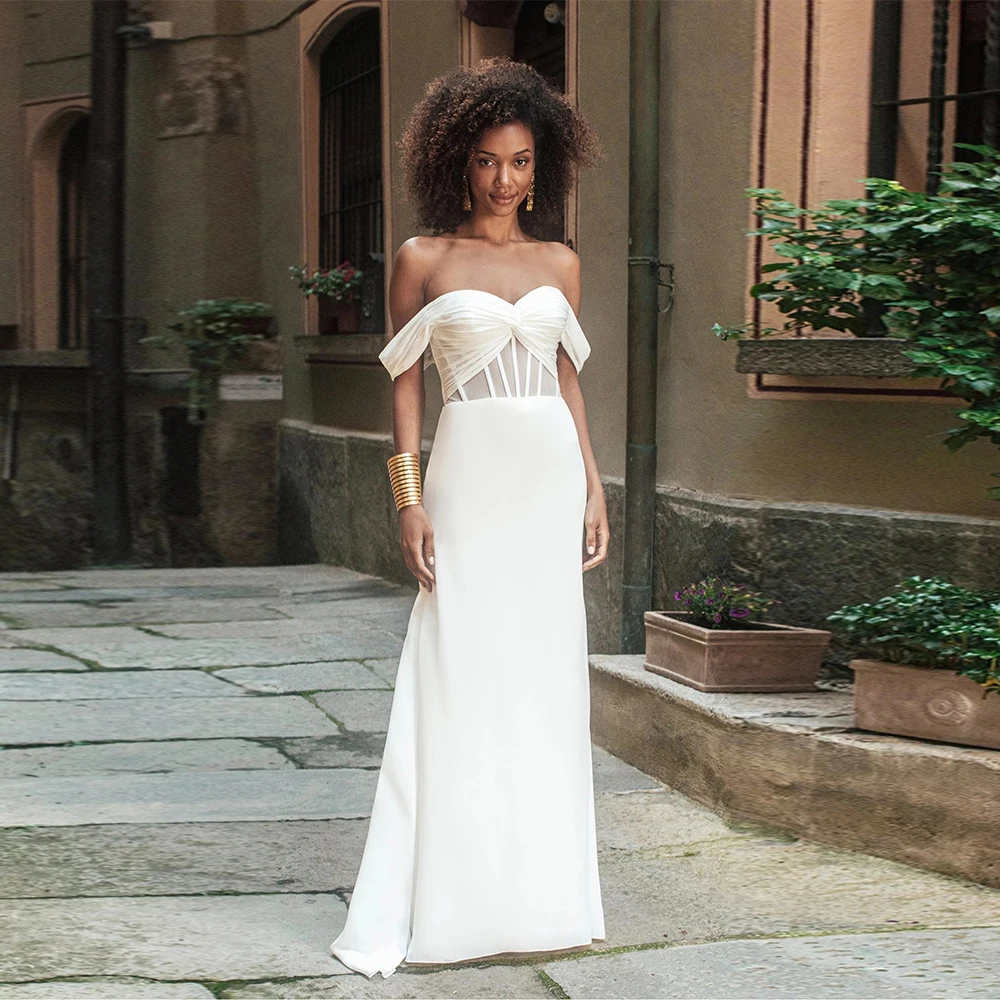 

Customized Ruched Satin Long Mermaid Bridal Wedding Dresses Off The Shoulder Corset Bridal Gown Sweep train Sweetheart