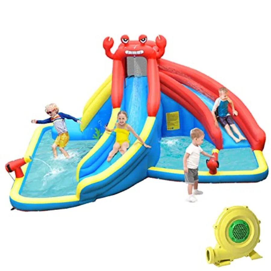 

Надувная водная горка в виде краба для двора, дома и улицы, для взрослых, синяя, с скалодромом, 2 горки, с воздуходувкой 950 Вт