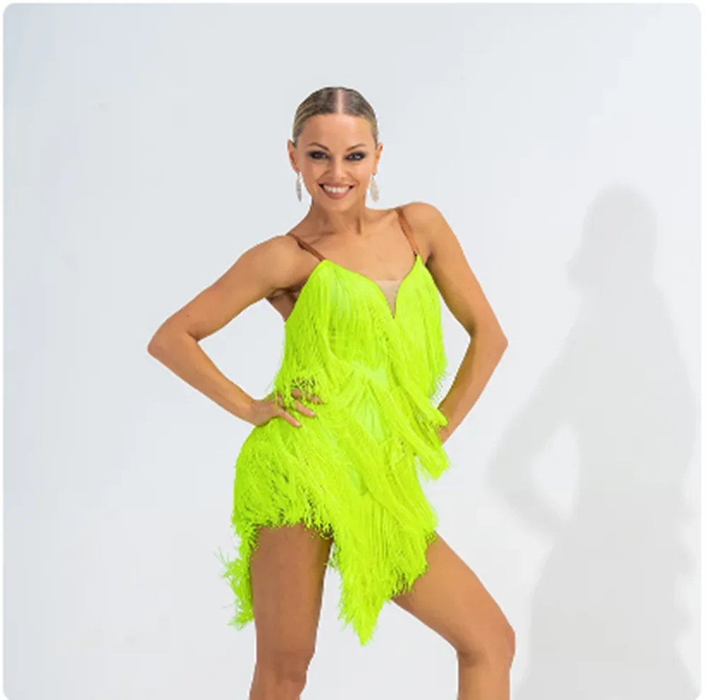 Vestido de baile latino amarillo fluorescente, traje de competición con borlas, ropa de actuación ChaCha, ropa de práctica de Salsa yumba yj099