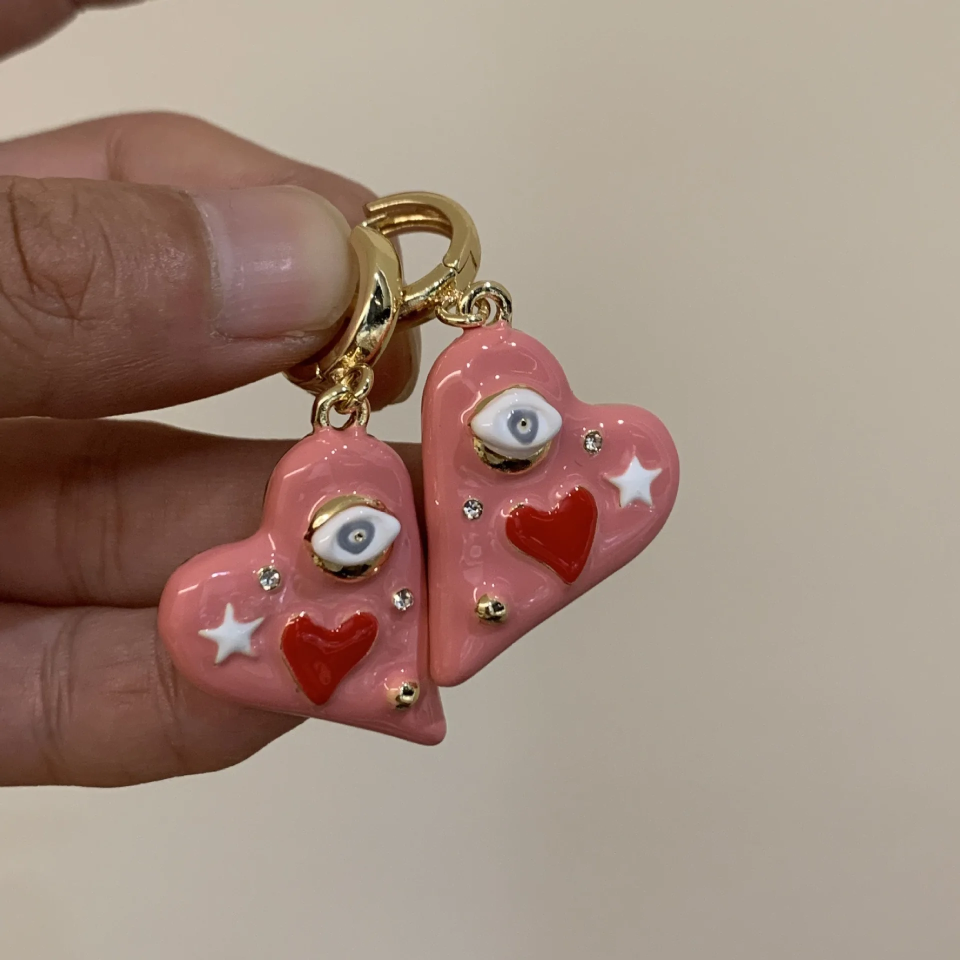 Sweet Cool Spicy Y2K Style Enamel  Drop Oil Heart Shaped Pentagram Eyes Pendant Earrings for Women Creativity Party Jewelry Gift