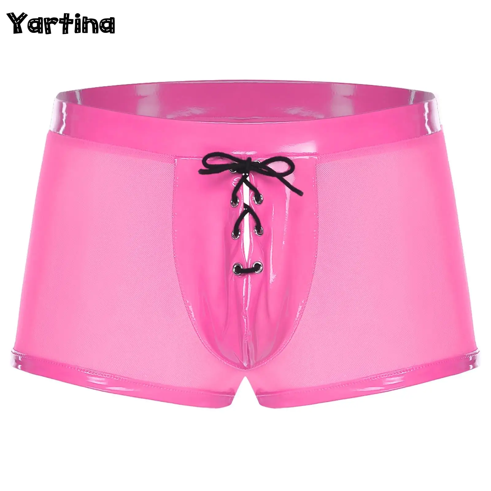 

Mens Lingerie Patent Leather Bulge Crotch Boxer Briefs Underwear See Through Mesh Boxer Shorts Pole Dance Wear Rave Clubwear