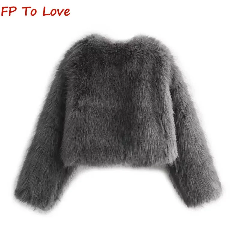 Y2K Spicy Winter Faux Fur Short Jacket Grey Round Neck Long Sleeve Warm Coat 6318261