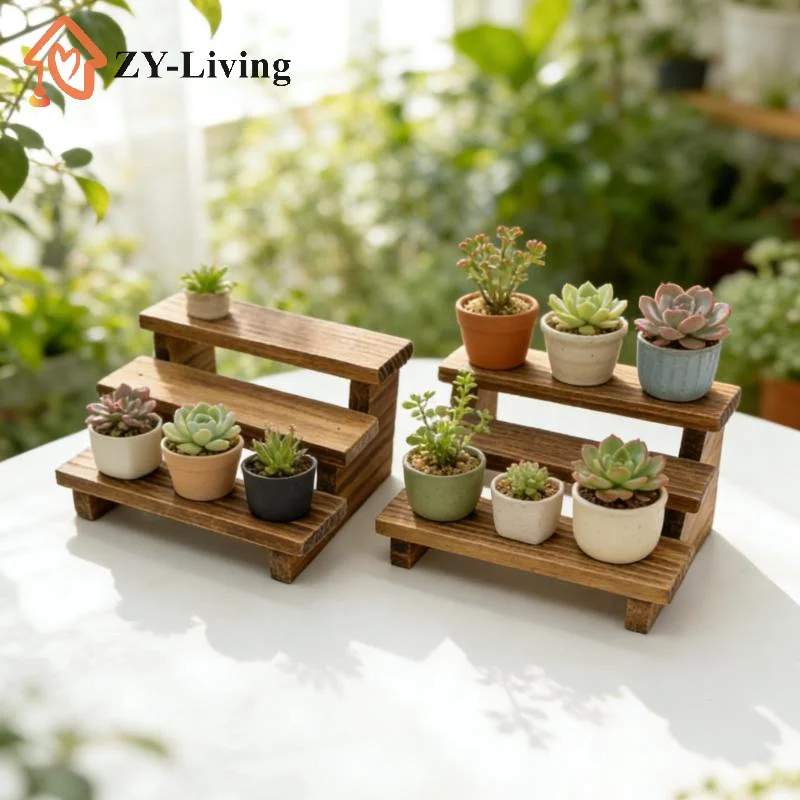 

2Pcs Dollhouse Simulation Wooden Three-layered Shelf Dollhouse Miniature Garden Flower Stand Model Dolls House Decor Accessories