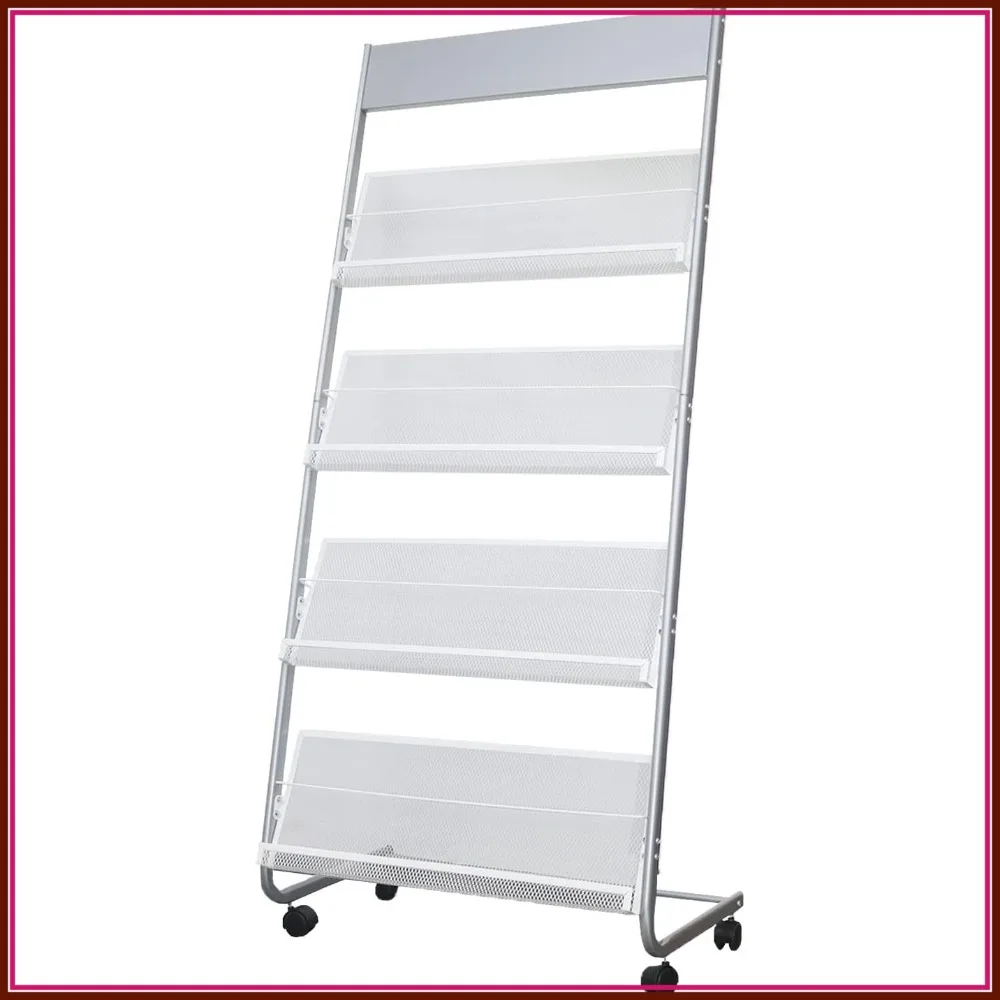 

4-Layer Iron Magazine Rack with Wheels, Newspaper Display Rack, Silver