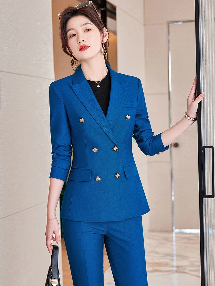 High Quality Women Navy Blue Black Pant Suit Female Button Decoration Blazer and Trouser 2 Piece Set For Office Ladies Work Wear