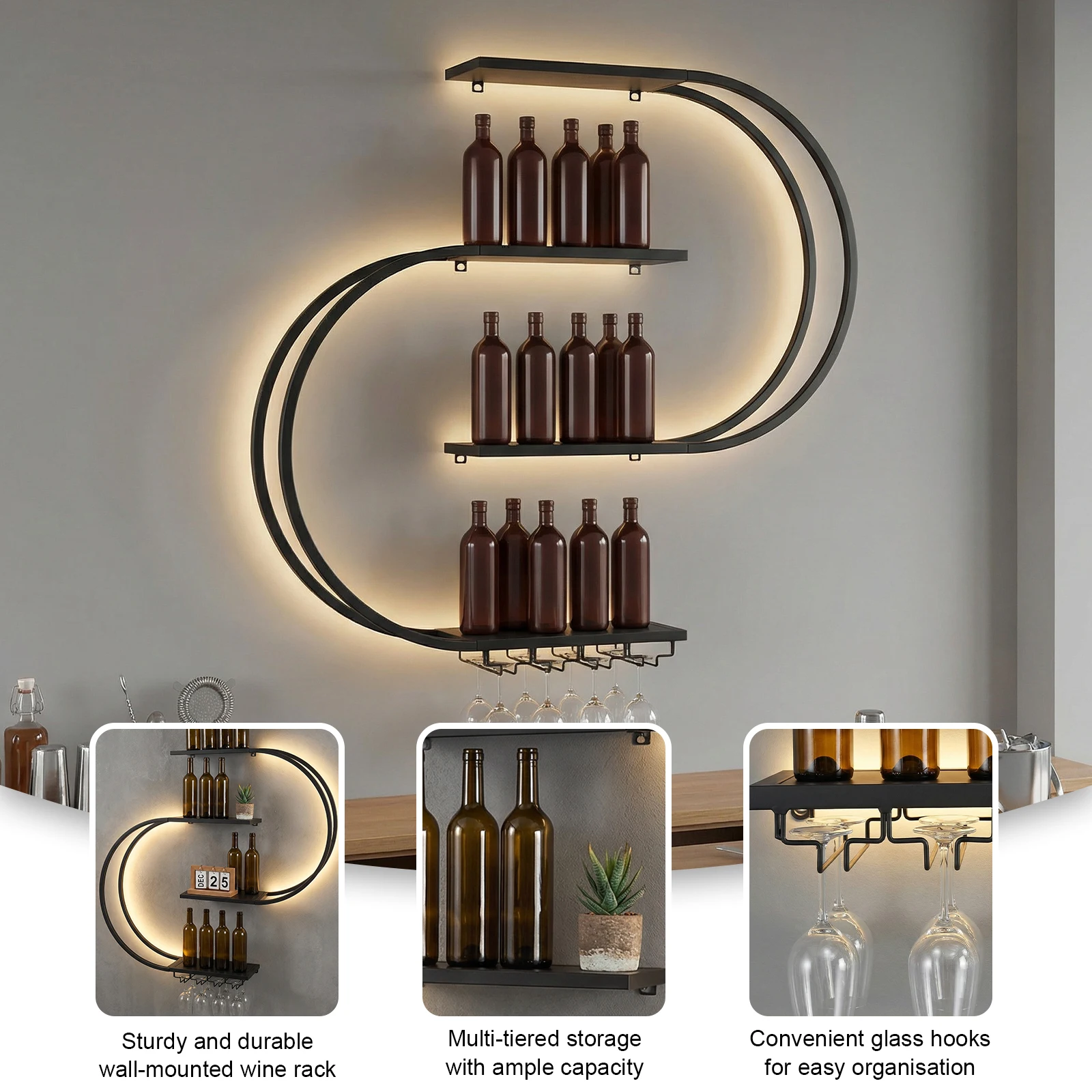 

4-ярусная плавающая подставка для винных бутылок с LED-подсветкой, металлическая винная полка с держателями для бокалов для кухни, гостиной, дома