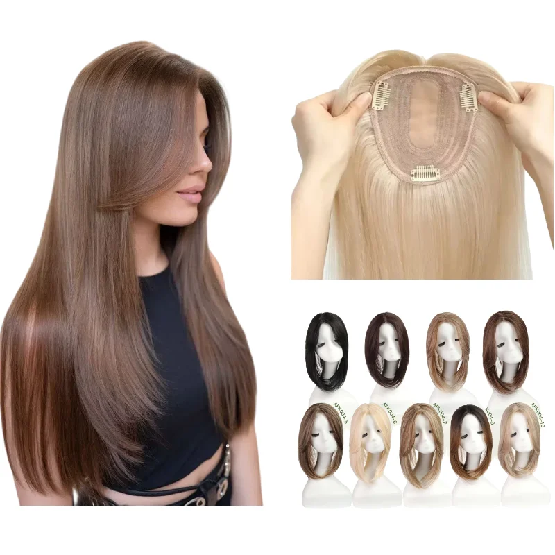 

Женский парик из 100% человеческих волос, кружевная челка со средней частью | 8x12 см 16-18 дюймов # 6, светло-коричневый сплошной цвет