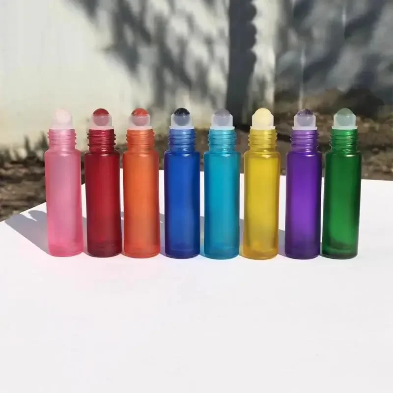 10/50pcs 10ml Colorful Glass Essential Oil Bottle with Natural Gemstone Roller Ball Empty Refillable Perfume Bottles Roll On