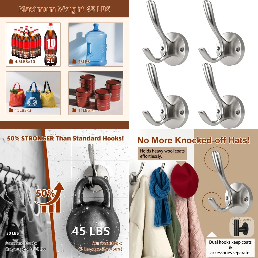 

Настенные крючки для полотенец, упаковка из 4 шт., отделка из матового никеля для ванной комнаты, прихожей, кухни и ванны, кабина, сверхпрочного халата халата