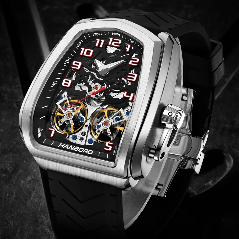 هانبورو ساعة أوتوماتيكية للرجال 44 مللي متر ساعة يد ميكانيكية مضيئة 50 متر مقاومة للماء هيكل عظمي مزدوج دولاب الموازنة