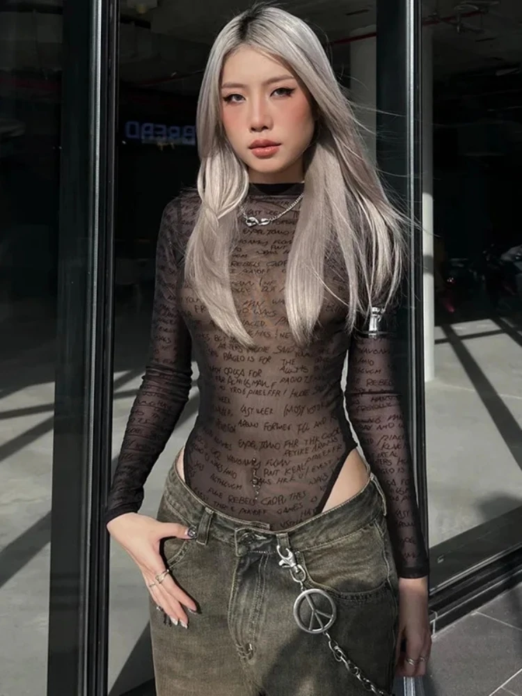 Letter Print Bodysuit Long Sleeve Lingerie Sexy Body Feminino See Through Black Top Women Y2k Clothes Mesh One Piece Rave Outfit