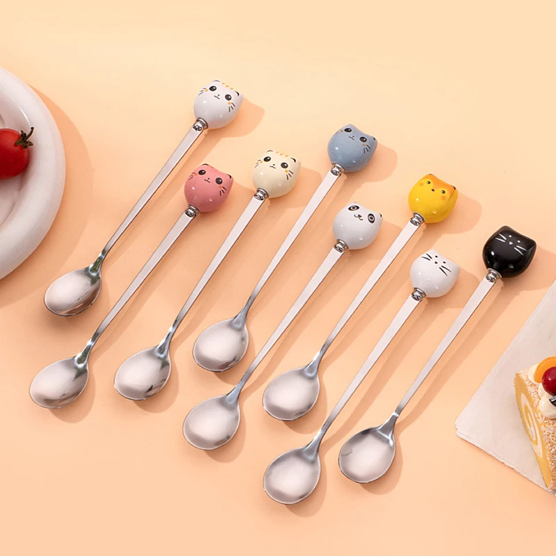 

Ложки для кофе и десерта, столовые приборы, кухонные инструменты, мультяшная ложка для мороженого, нержавеющая сталь, длинная ручка кота, керамическая ложка