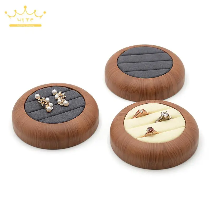 Round and Oval Rings Displayed Wooden Tray with Gray and Beige Velvet Lining Suitable for Holding Rings and Earrings