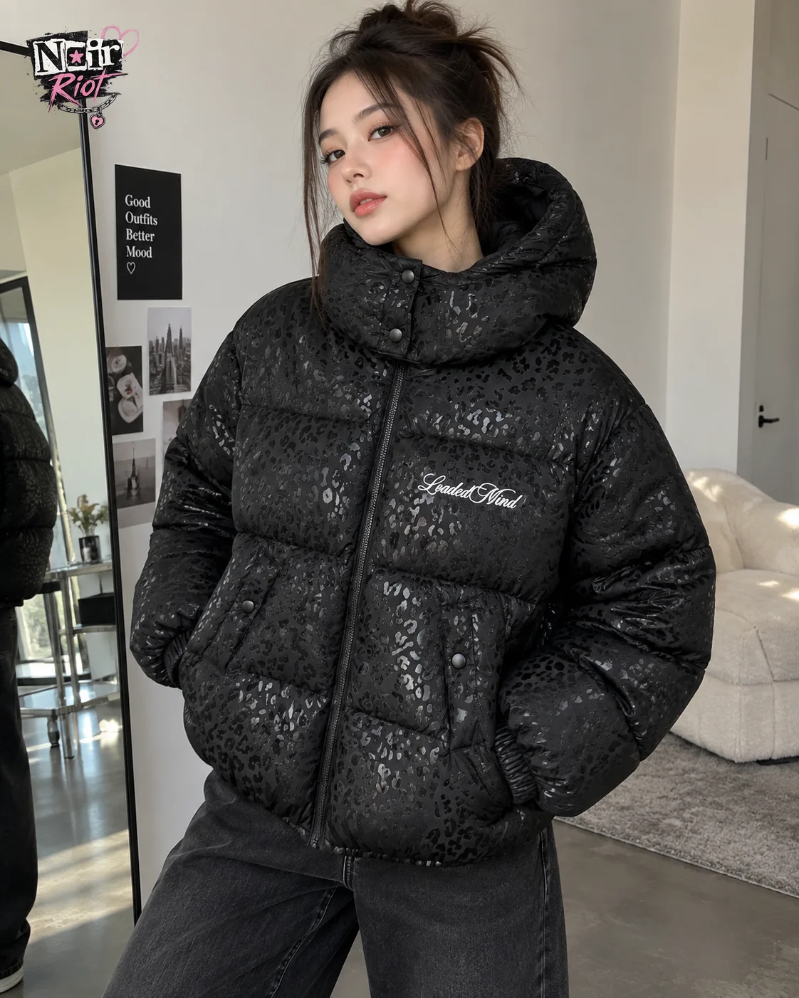 Y2K Puffer Jacket for Women Black Leopard Print Hooded Zip Up Oversized Quilted Padded Coat Autumn Winter Everyday Streetwear