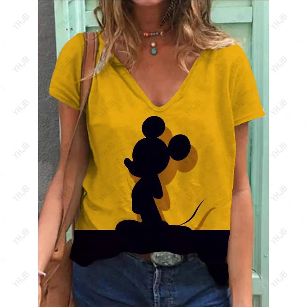 Summer Casual Loose Women's Disney Mickey Mouse Print T Shirt Graphic Print V Neck Basic Top Fashion 3d Print Plus Size Clothing