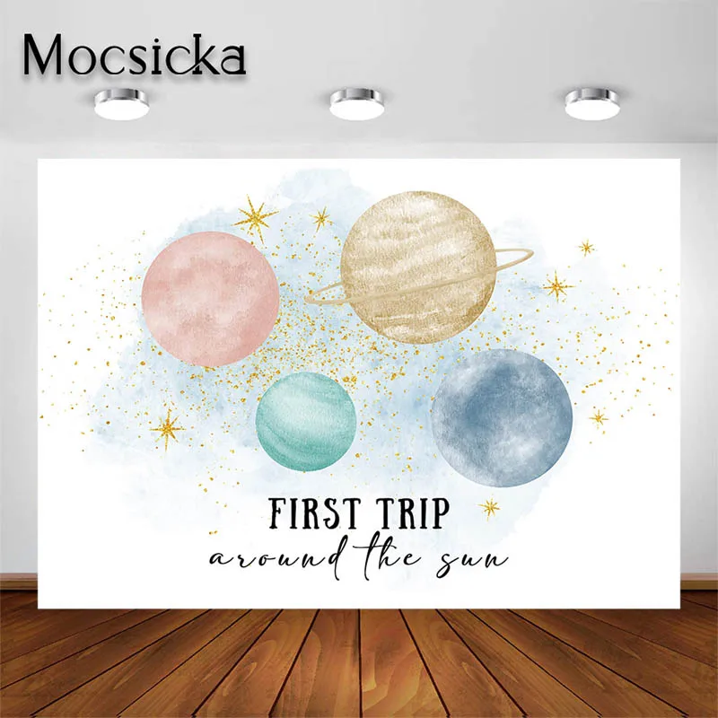 

Mocsicka 1st Birthday Party Backdrops Pink Blue Space Planet Background Kids Portrait Photo Studio Props Party Decoration Banner