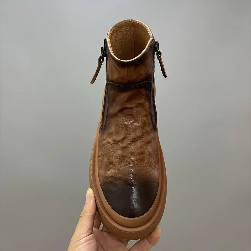 

2025 Autumn and Winter Men's Casual Shoes Genuine Leather Round Toe Retro High Top Board Shoes Gift
