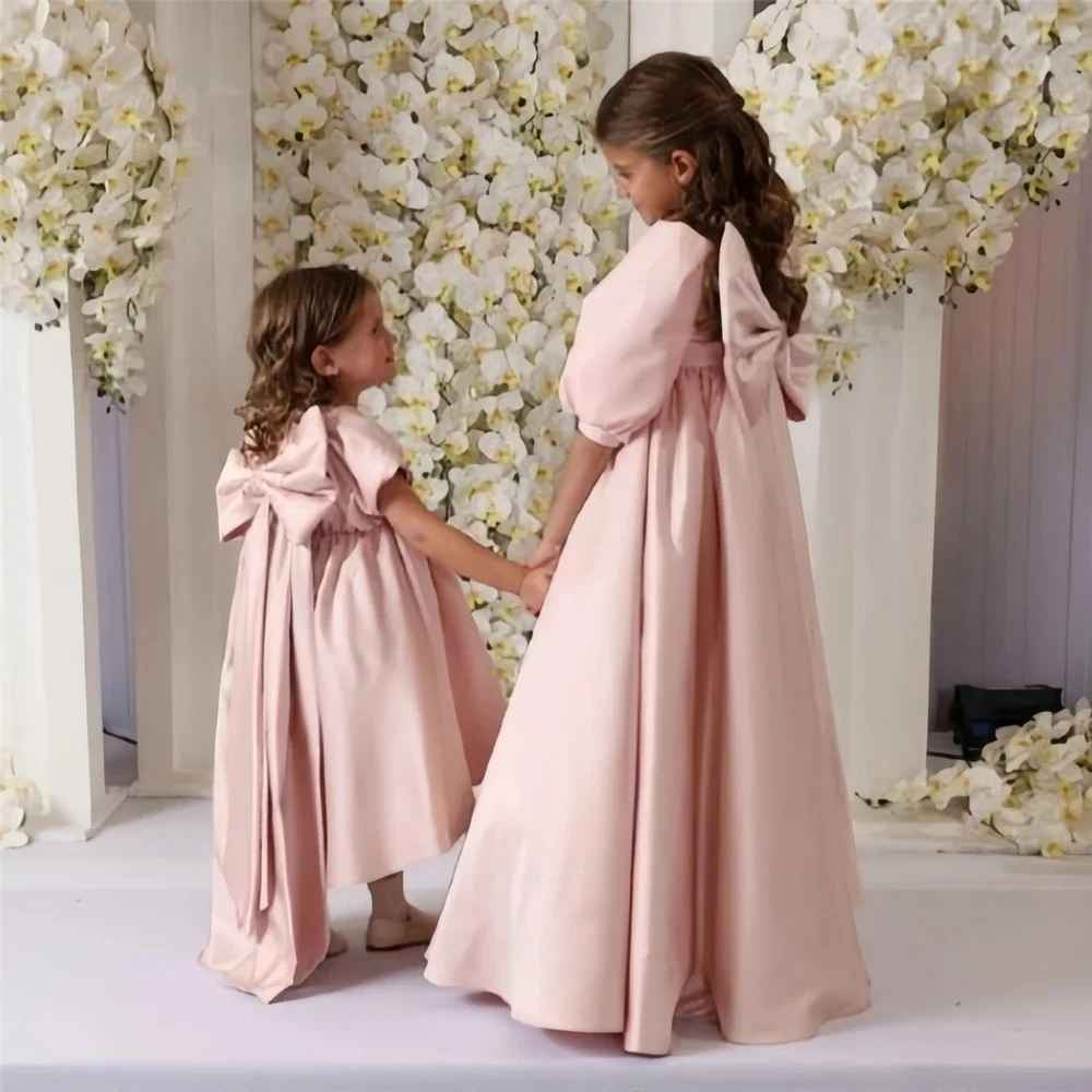 

Custom Flower Girl Dress Wedding Gown Birthday Party Pageant Puff Sleeve Satin Dress With Big Bow For Girls فساتين اطفال