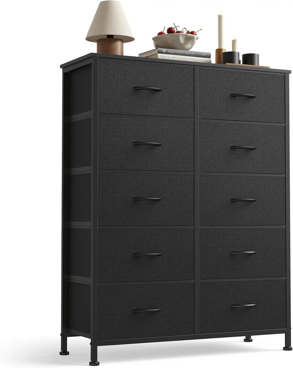

10 Drawer Fabric Dresser Storage Tower with Bins, Tall Chest Organizer for Bedroom Closet Hallway, Steel Frame Wood Top Easy