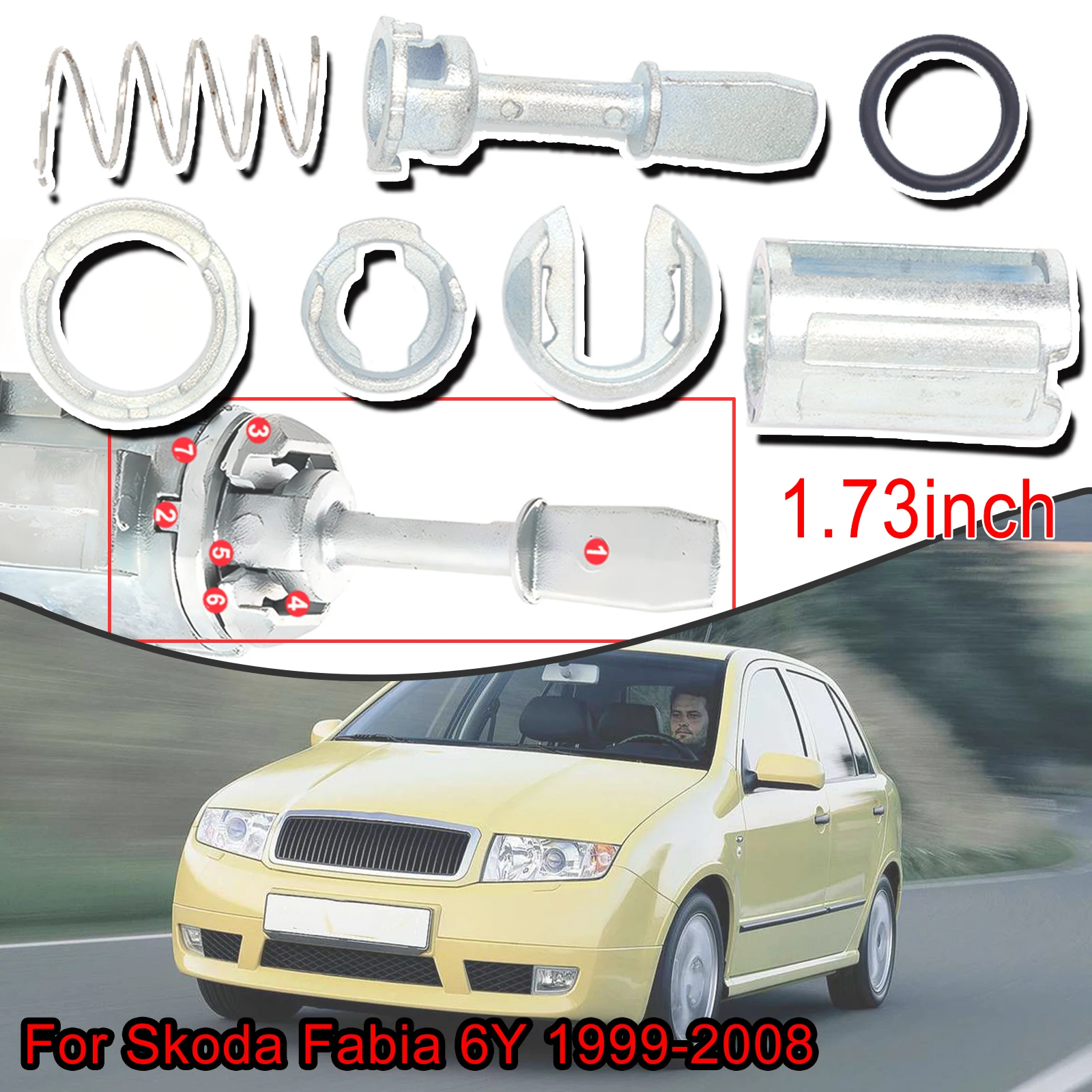 

7pcs For Skoda Fabia 6Y 1999-2008 Front Door Handle Lock Cylinder Barrel Paddle Rubber Seal Repair 44.4MM Tool Kit Replacement