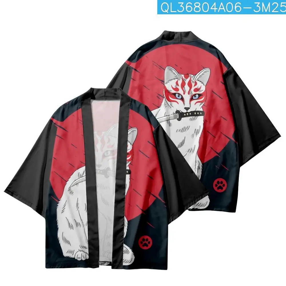 

Summer Couple Women Men Haori Yukata Casual Loose Cardigan Cartoon White Cat Sun Printed Black Kimono Beach Shorts Streetwear