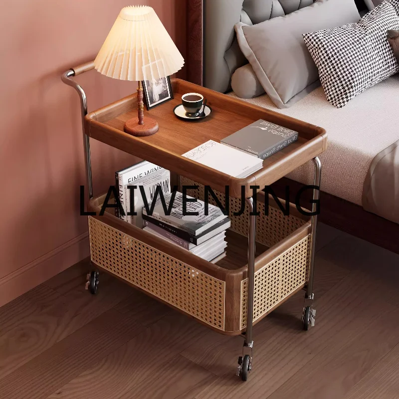 

Nordic Style Solid Wood Side Table Storage Trolley Living Room Sofa Rattan Storage Side Cabinet