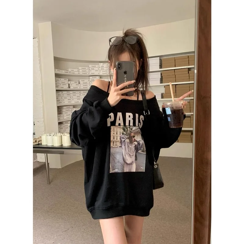 Y2K Amerikanischen Hip Hop Frauen Badeanzug Sexy Schwarz Off Schulter Langarm Retro Druck Lose Übergroßen Vielseitig Top Winter Mode