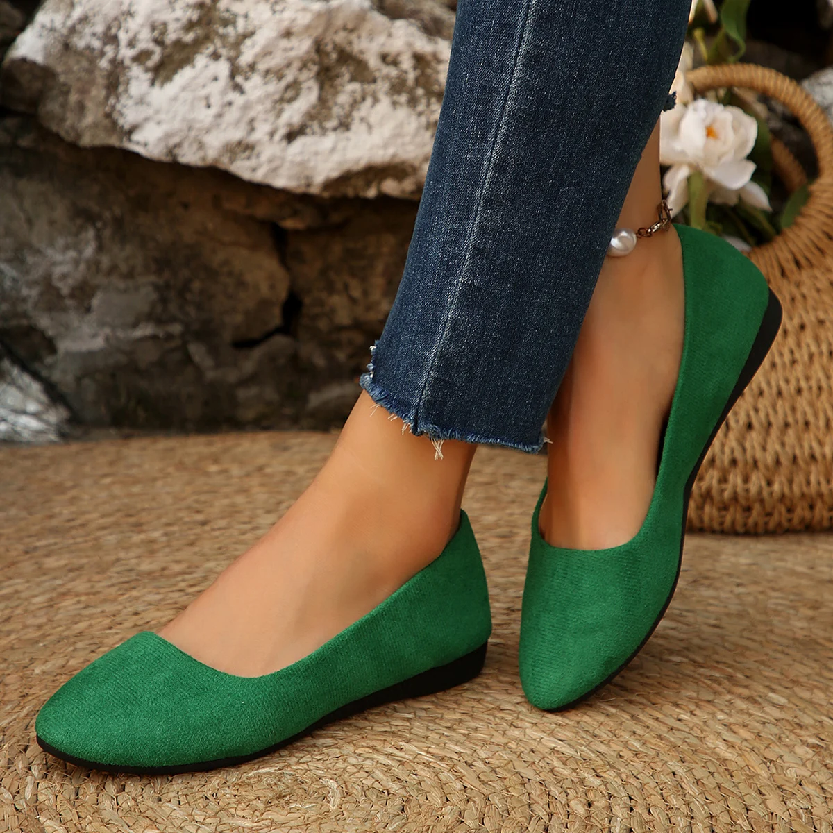 Mode Einfarbig frauen Keil Schuhe Bequeme Spitz Slip auf Low Heels Grün Zapatos De Mujer Größe 42 – Detail 2