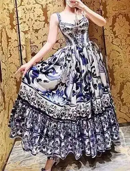 Women Dress Runway Summer Clothes Midi Dress Spaghetti Strap Blue White Porcelain Elastic Bust A-line Vintage Long Dresses
