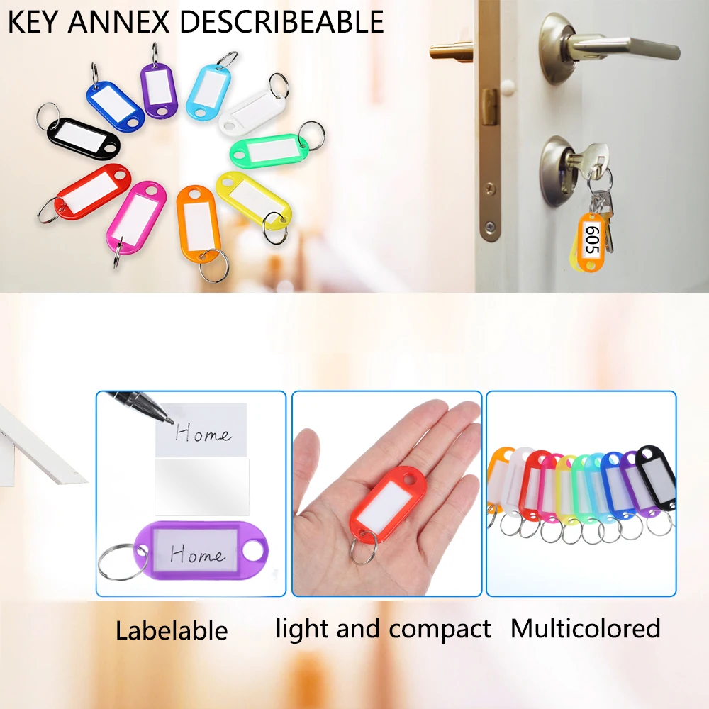 100 PCS KeyChain Labelable Plastic DIY Name Ring for Baggage Paper Labeling to Key Suitcases Pets Tag Accessories Multi-Color