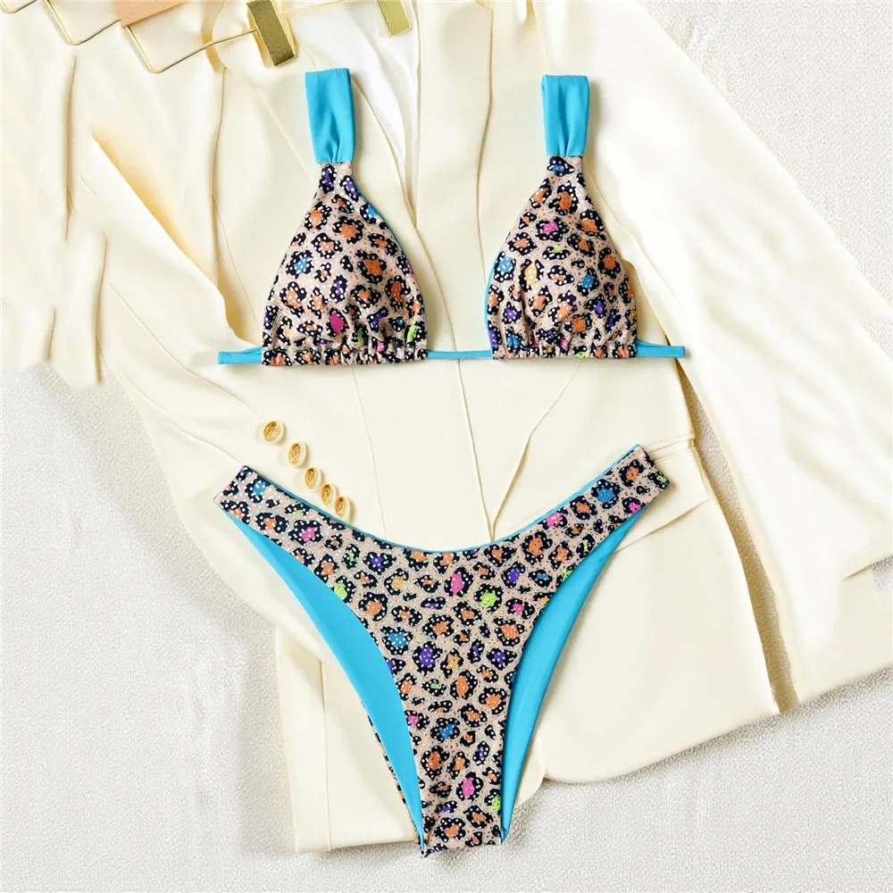 Conjunto de Bikini Brillante con Estampado de Leopardo Azul, Traje de Baño Sexy para Mujer 2026, Traje de Baño con Cordones, Traje de Baño Triangular Brasileño