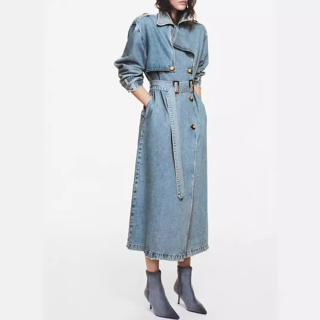 

Loose Belted Denim Coat Jacket Light Blue Denim Trench Coat Double Breasted Long Sleeve Belted Windbreaker Metal Buckle GWH7
