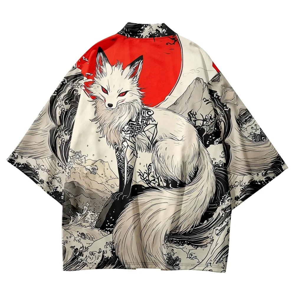 الصينية الأبيض الثعلب طباعة سترة كيمونو النساء الرجال اليابانية Haori تأثيري قمصان أزياء الشاطئ يوكاتا حجم كبير #1