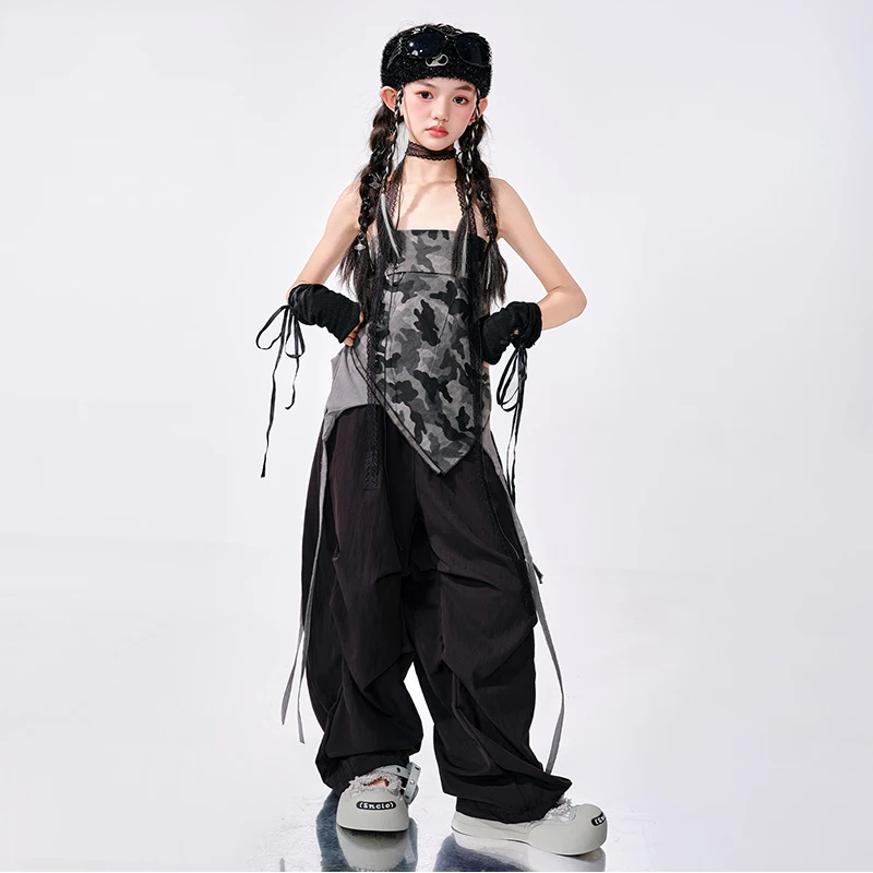 Costume da ballo jazz per ragazze Set hip-hop Camouflage Crop Top Pantaloni larghi neri Bambini Street Dance Abiti da performance hip-hop AMY2194