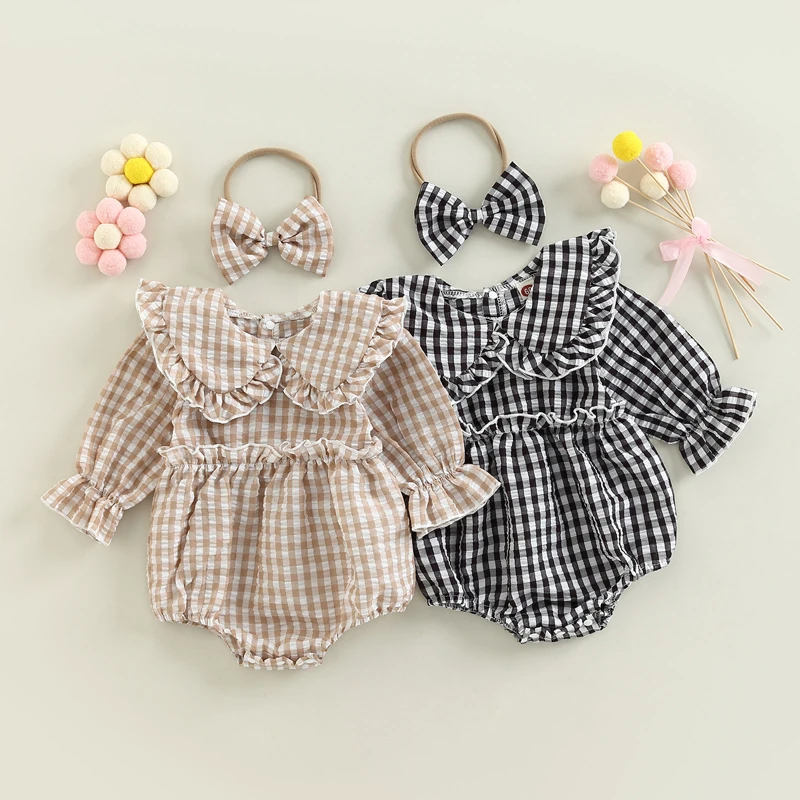 

Autumn Infant Baby Girl Fall Outfit Plaid Collar Long Sleeve Ruffle Bodysuit + Hairband Clothes Set 0-18Months