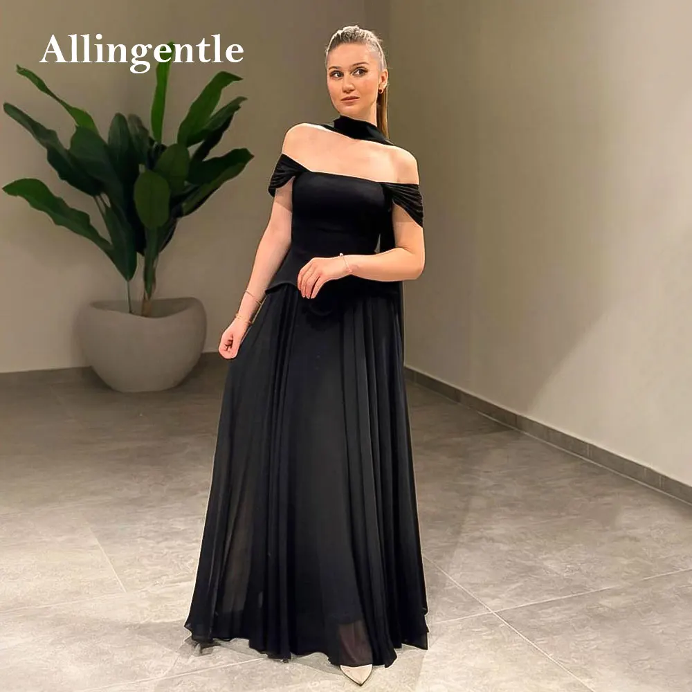 

Black Chiffon Off Shoulder Evening Dress with Ribbons Elegant Arabic Prom Dress Dubai robes de soirée Formal Gowns Customized