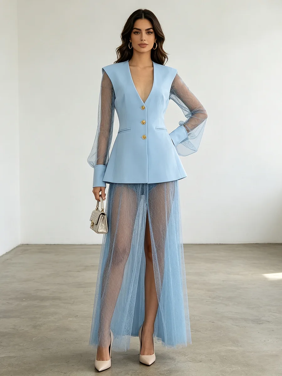 Spring 2026 Blue European American Luxury Lace Women Blazer Dress Deep V Neck Long Sleeve Slim Fit Evening Gown Robe Femme Traf