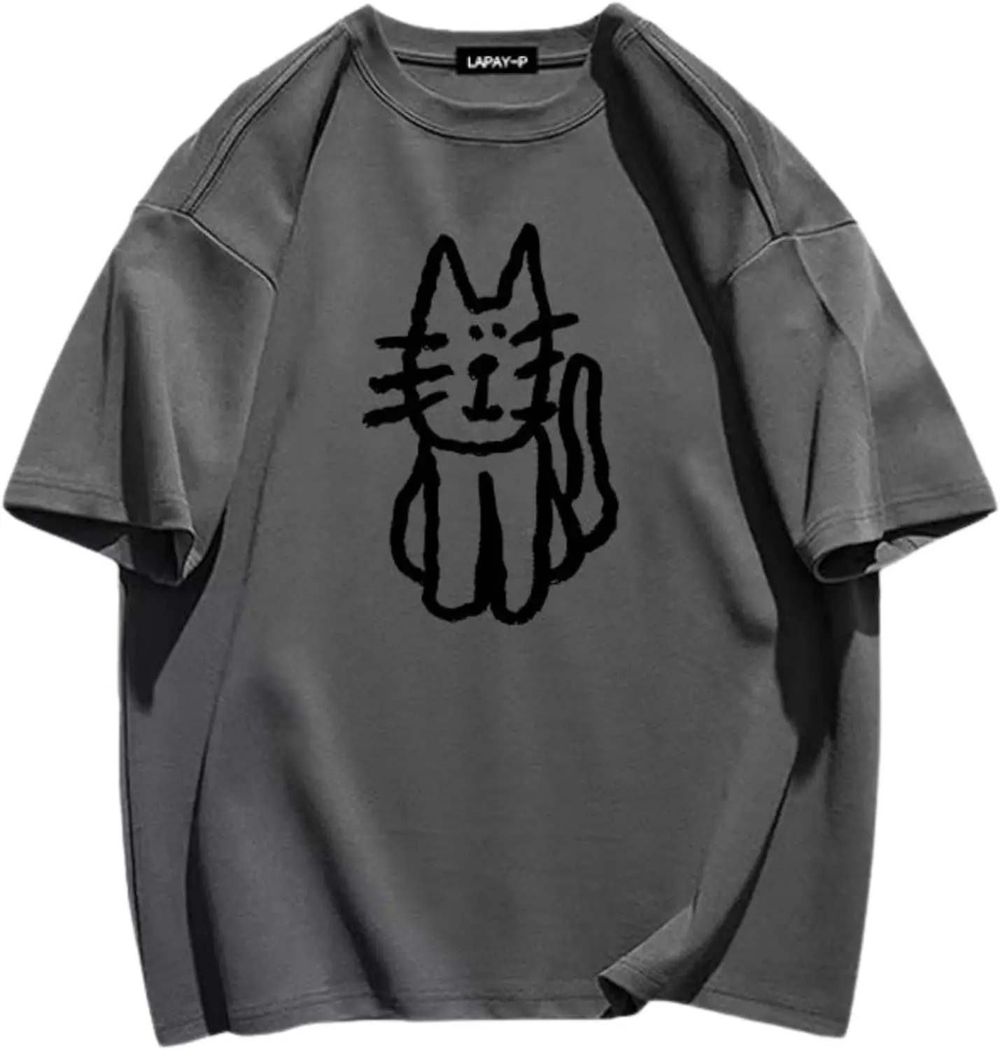 Unisex Casual Street Cotton Crew Neck Cartoon Cat Print Half Sleeve Loose T-Shirt