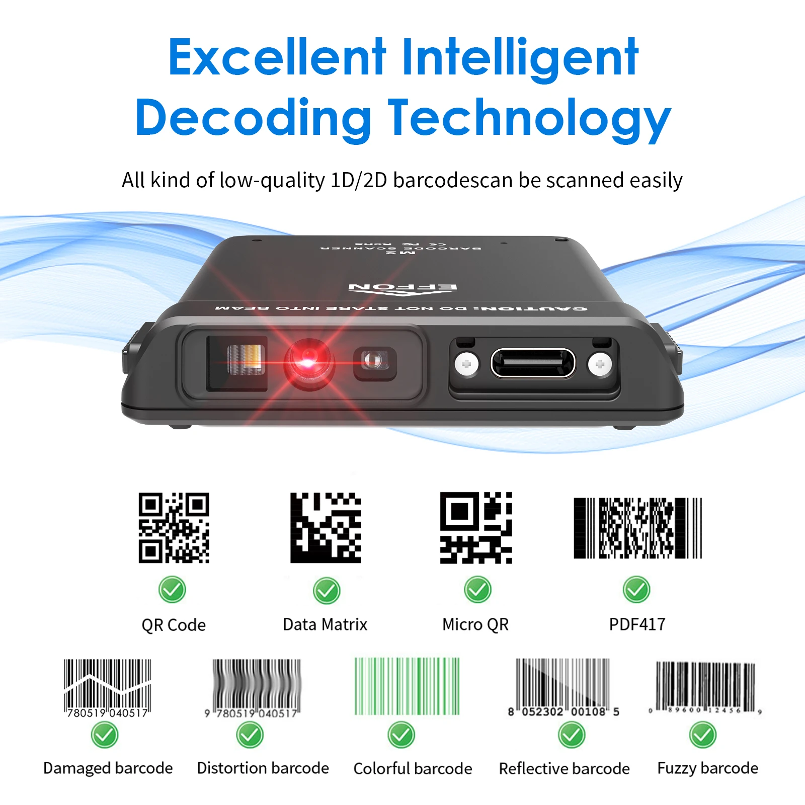 Effon M2 Ultra-Thin Engine N1 Pocket Bluetooth 2D Barcode Scanner for phone Wearable Back-Clip Scanner for Warehouse Logistics