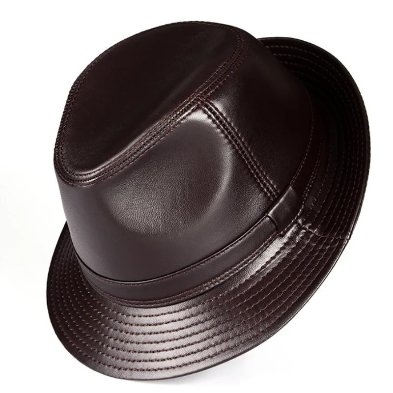 New 2024 Man High Quality Genuine Leather Jazz Fedora Gentleman Cow Skin Short Brim Black/Brown Top Hat Male Shows Topper